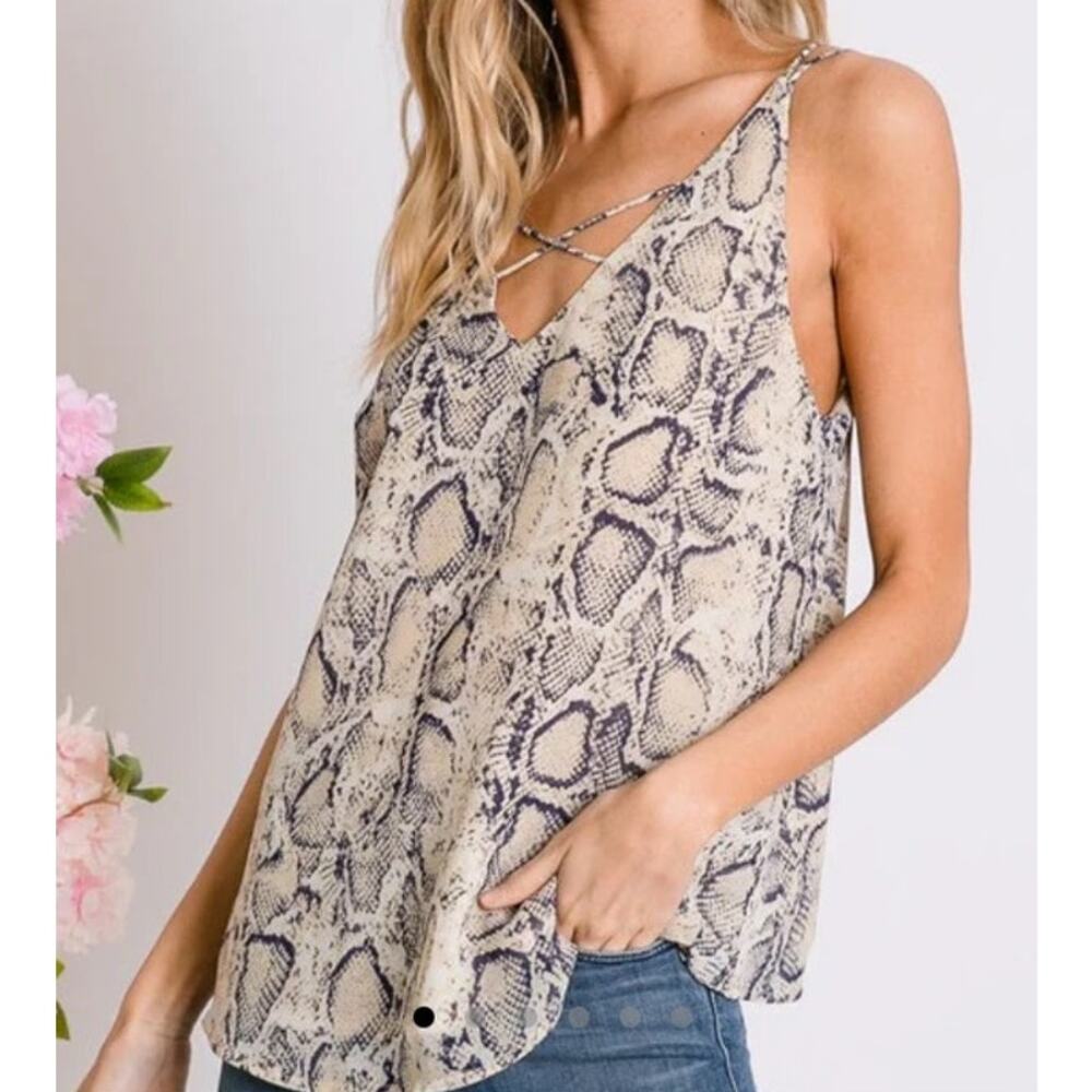 Davi & Dani Cream Blue Gray Python Double Strap Sleeveless Top Women's Medium